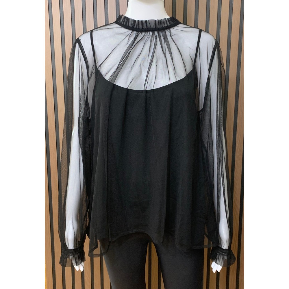 J.Crew Women's Black Sheer Mesh Ruffle High Neck Blouse with Camisole 3x NEW